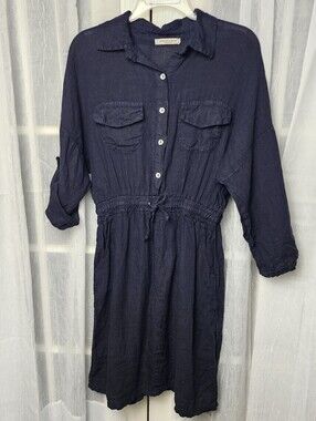 Francesca Bettini Navy Linen Shirtdress L Made In Italy Roll Tab Sleeve Button